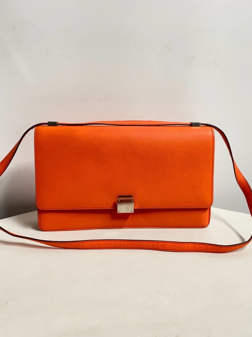 Celine Orange Leather Crossbody Bag with Silver Clasp